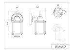 Kinkiet zewnętrzny Mirande w kolorze antracytowym, z montażem na ścianie. Wymiary 225 mm wysokości i 115 mm szerokości. Oświetlenie na jedną żarówkę E27. Prostokątny kształt z dekoracyjnym uchwytem. Widok frontalny i z boku.