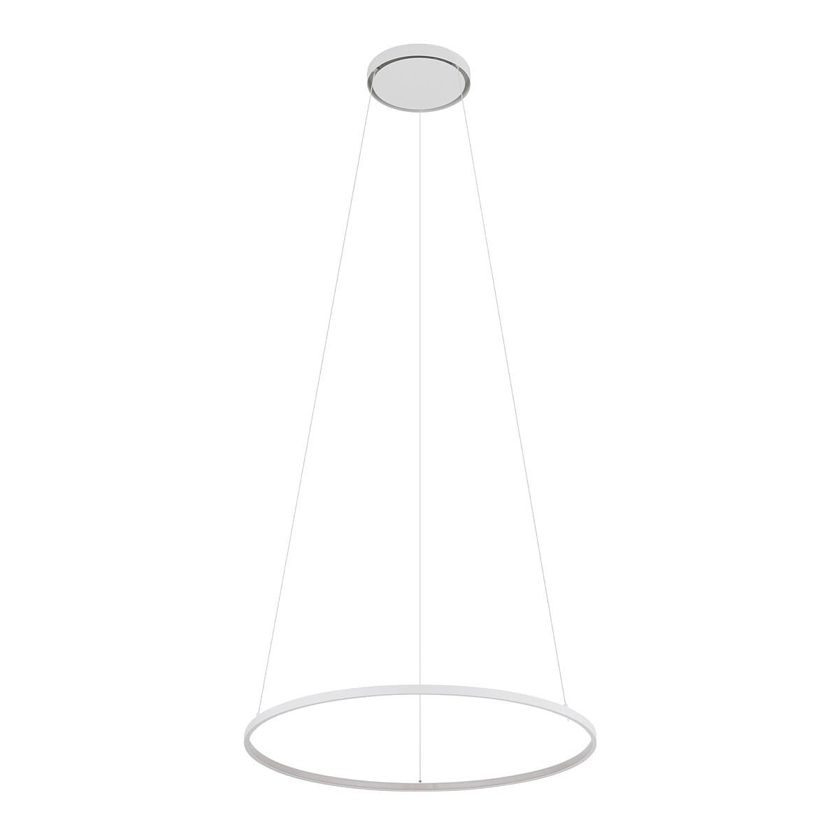 Lampa wisząca Circolo D60 w kolorze białym, o okrągłym kształcie, zawieszona na cienkich linkach. Posiada źródło światła LED o mocy 21W i temperaturze barwowej 3000K. Górna część lampy ma okrągły, płaski element montażowy.