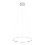 Lampa wisząca Circolo D60 w kolorze białym, o okrągłym kształcie, zawieszona na cienkich linkach. Posiada źródło światła LED o mocy 21W i temperaturze barwowej 3000K. Górna część lampy ma okrągły, płaski element montażowy.
