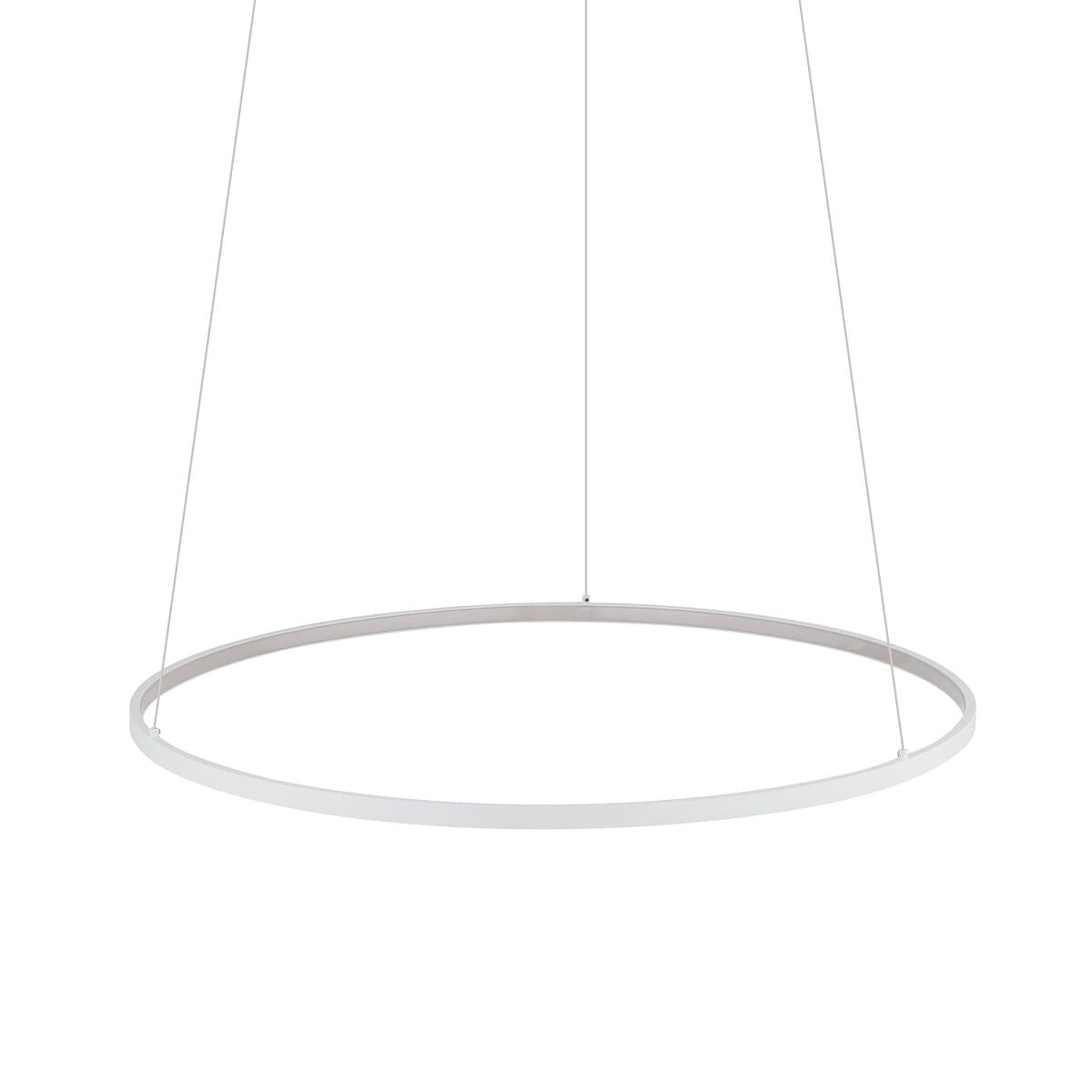 Lampa wisząca Circolo D60 w kolorze białym, z okrągłym metalowym korpusem. Zawieszona na cienkich linkach, z pojedynczym źródłem światła LED o mocy 21W i temperaturze barwowej 3000K, idealna do nowoczesnych wnętrz.
