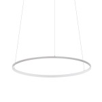 Lampa wisząca Circolo D60 w kolorze białym, z okrągłym metalowym korpusem. Zawieszona na cienkich linkach, z pojedynczym źródłem światła LED o mocy 21W i temperaturze barwowej 3000K, idealna do nowoczesnych wnętrz.