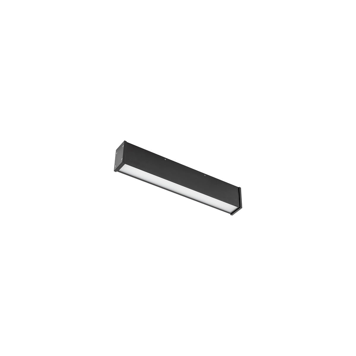 Lampa sufitowa Outline LED S w kolorze czarnym, o wymiarach prostokątnych, z jedną diodą LED 20W i temperaturze barwowej 3000K. Zamontowana na suficie, posiada IP44, co zapewnia odporność na wilgoć. Z przodu widoczna mleczna osłona.