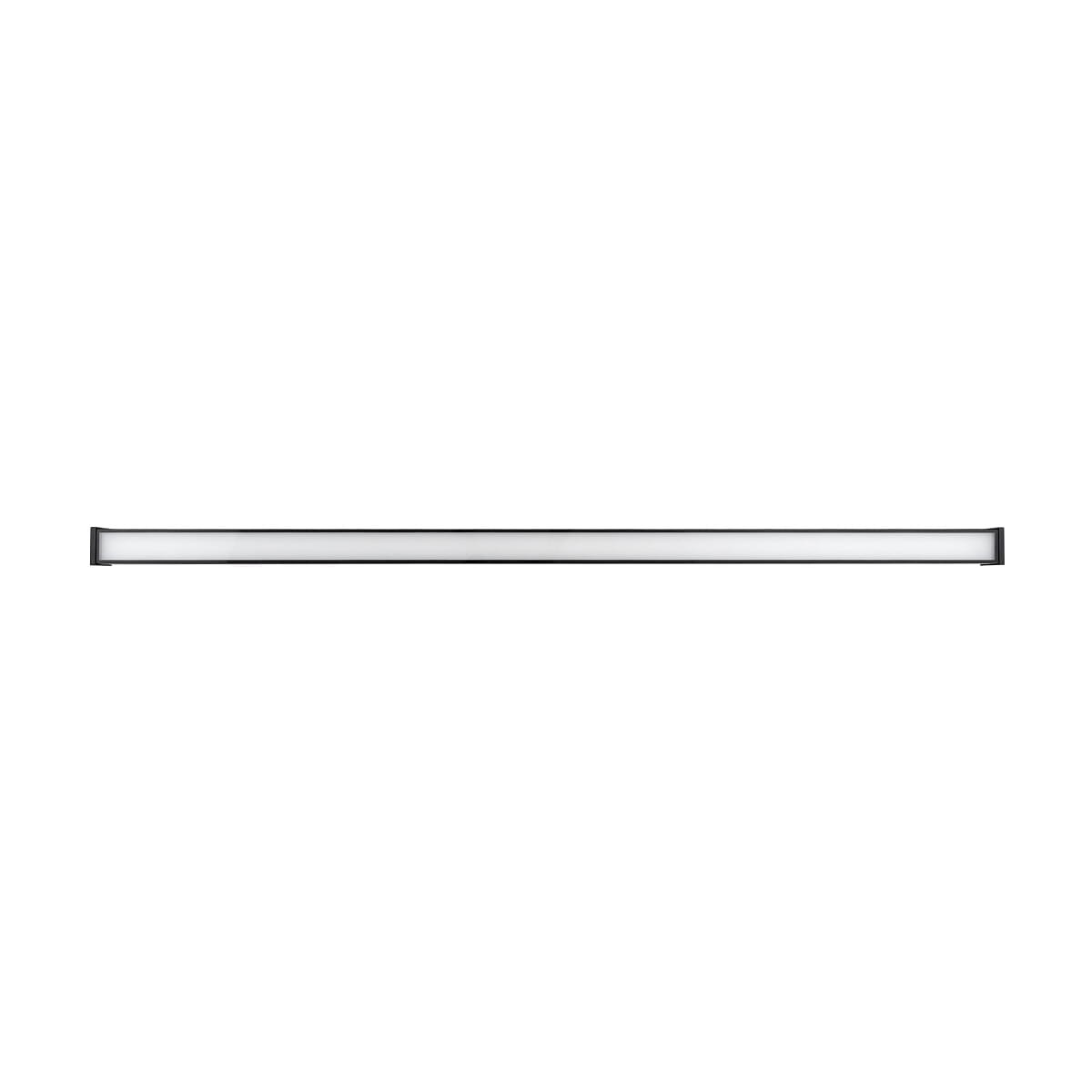 Czarna lampa sufitowa Outline LED S, o wymiarach prostokątnych, z białym kloszem, przeznaczona do użytku zewnętrznego (IP44). Zawiera jedną diodę LED o mocy 50W i temperaturze barwowej 3000K, zamontowana poziomo.
