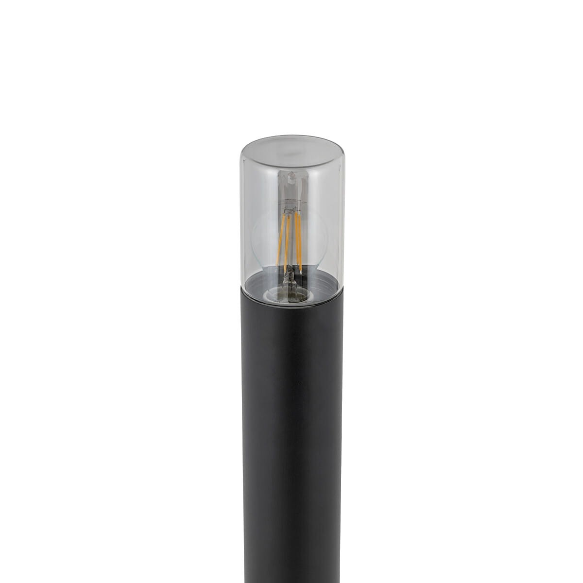 Lampa ogrodowa Ida H80, czarna, z podstawą w formie prostego słupa. Szklany klosz osłania żarówkę E27, widoczną w środku. Ujęcie z góry, ukazujące detale i strukturę materiałów. Idealna do oświetlenia przestrzeni zewnętrznych.