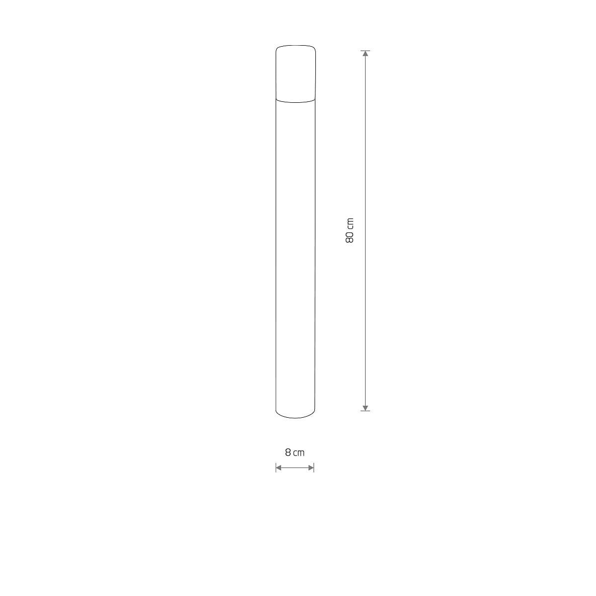 Czarna lampa ogrodowa Ida H80 z mocowaniem na jedną żarówkę E27. Wysokość 80 cm, średnica 8 cm. Prosta, cylindryczna forma, idealna do oświetlenia przestrzeni zewnętrznych. Ujęcie frontalne, bez dodatkowych dekoracji.