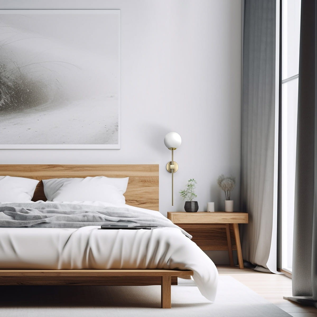 Kinkiet Piruleta 1xG9 IP44 w kolorze złotym, z okrągłą białą kloszem, zamontowany na ścianie obok łóżka. Widoczna drewniana rama łóżka i stolik nocny z roślinami w tle. Minimalistyczna aranżacja sypialni z jasnymi zasłonami.