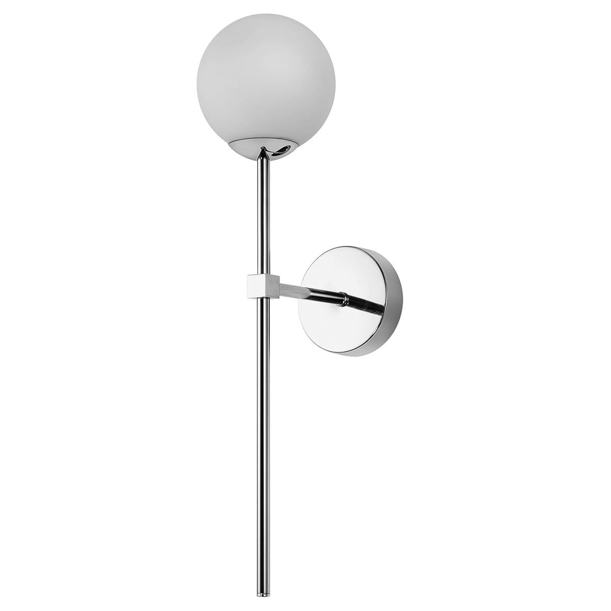 Kinkiet Piruleta 1xG9 IP44 w kolorze chromu. Okrągła, matowa kula na metalowym, chromowanym ramieniu. Zawieszony na okrągłej podstawie. Prosty, nowoczesny design, idealny do wnętrz.