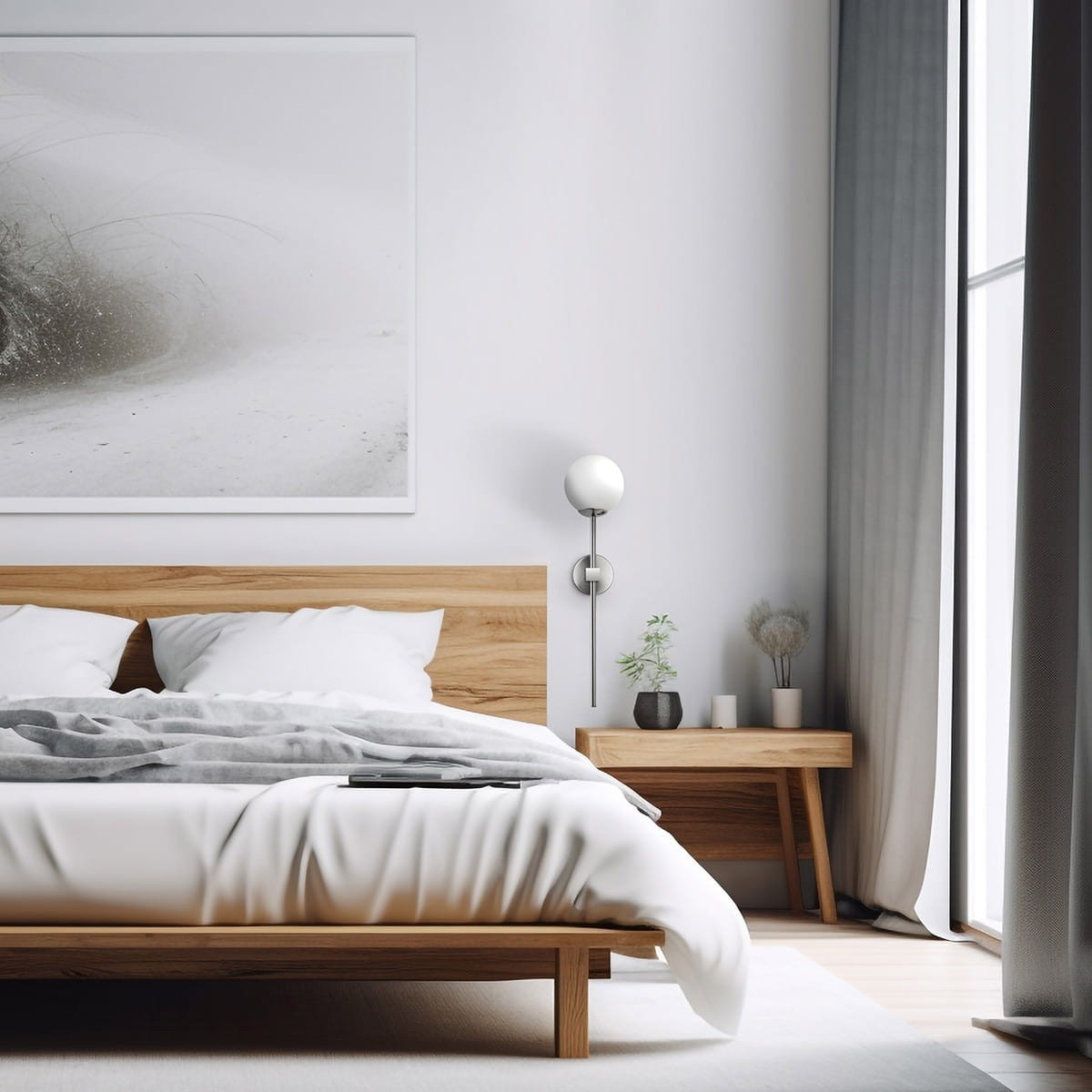 Kinkiet Piruleta 1xG9 IP44 w chromowanej obudowie, z okrągłą, białą kloszem, zamontowany na ścianie obok łóżka. W tle widoczna drewniana rama łóżka, szara narzuta oraz nowoczesny stół nocny z roślinami. Minimalistyczne wnętrze sypialni.