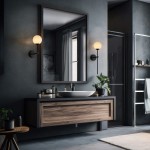 Czarny kinkiet Piruleta 1xG9 IP44 z okrągłą, mleczną kulą, zamontowany na ścianie w nowoczesnej łazience. Widoczny w kontekście z lustrem, umywalką i rośliną, na tle ciemnej ściany z teksturą.