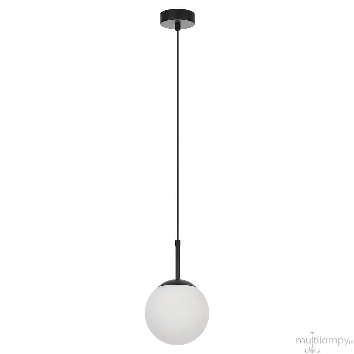 Lampa wisząca Dorado 1xE14 w kolorze czarnym, z okrągłym kloszem z matowego szkła. Zawieszona na cienkim kablu, z minimalistycznym mocowaniem sufitowym. Prosta forma, idealna do nowoczesnych wnętrz.