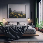 Czarna lampa wisząca Dorado LP-002/1P z oprawą na żarówkę E14, zawieszona w sypialni, obok łóżka. Lampa ma minimalistyczny design, z matowym wykończeniem i okrągłym kloszem, tworząc przytulną atmosferę w aranżacji wnętrza.