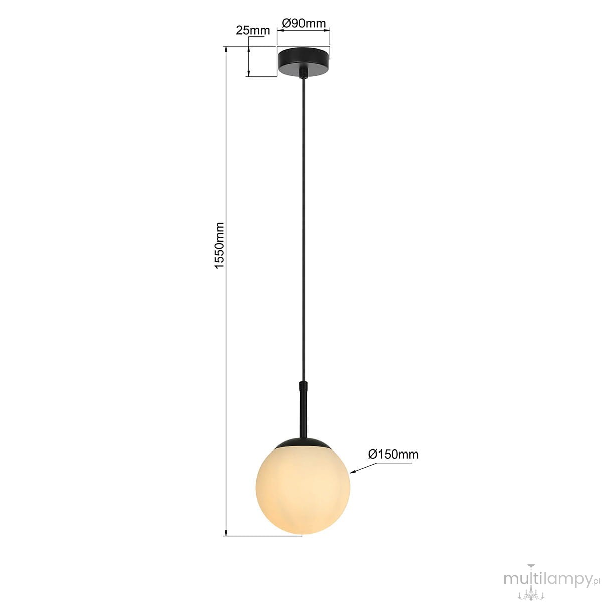 Czarna lampa wisząca Dorado z pojedynczym punktem świetlnym E14, z okrągłym kloszem o średnicy 150 mm. Wysokość zawieszenia 1550 mm, z metalowym mocowaniem o średnicy 90 mm. Idealna do nowoczesnych wnętrz.