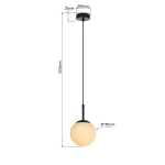 Czarna lampa wisząca Dorado z pojedynczym punktem świetlnym E14, z okrągłym kloszem o średnicy 150 mm. Wysokość zawieszenia 1550 mm, z metalowym mocowaniem o średnicy 90 mm. Idealna do nowoczesnych wnętrz.
