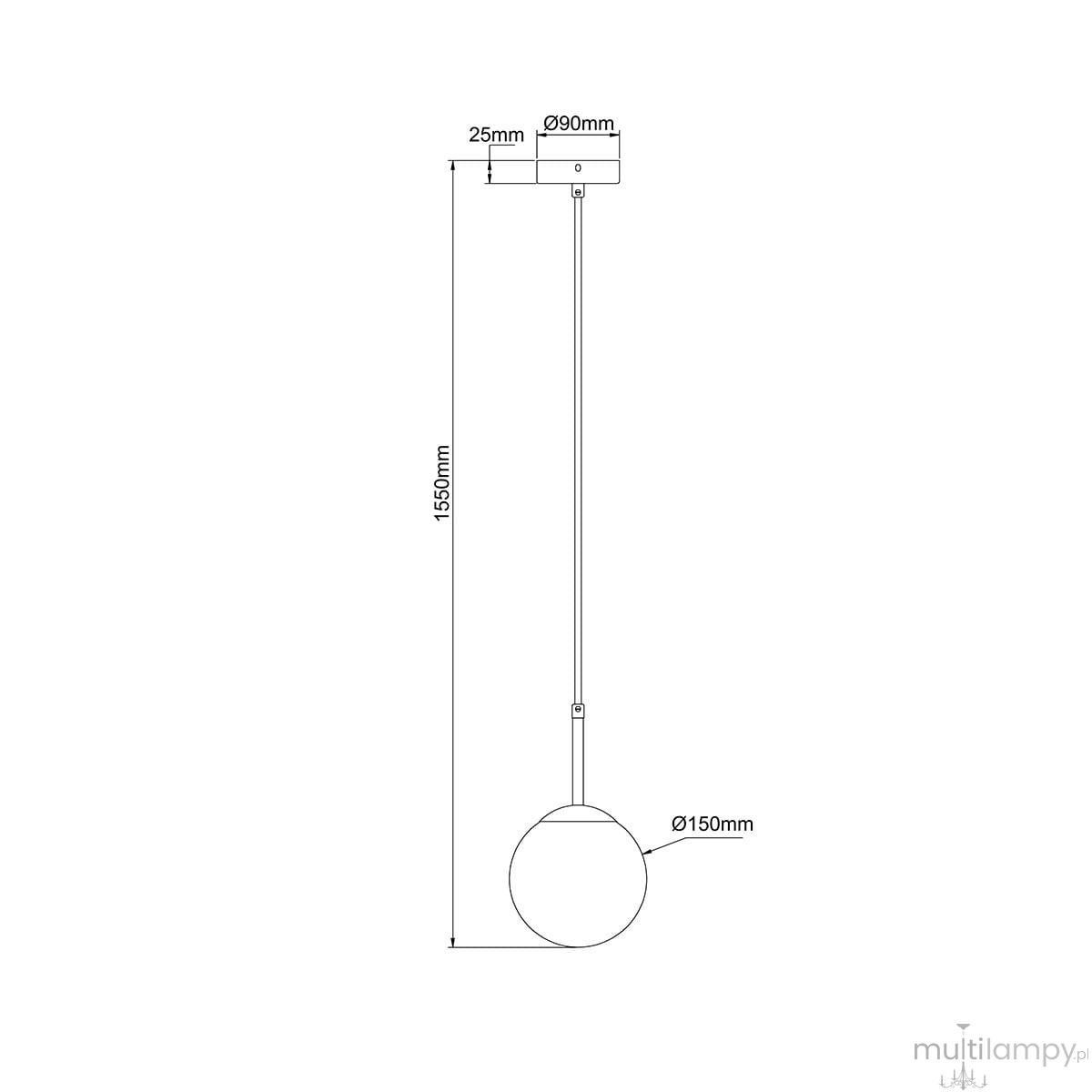 Lampa wisząca Dorado LP-002/1P BK w kolorze czarnym, z pojedynczym punktem świetlnym E14. Okrągła podstawa o średnicy 150 mm, zawieszona na cienkim przewodzie o długości 1550 mm, z prostokątnym mocowaniem o wymiarach 90x25 mm.