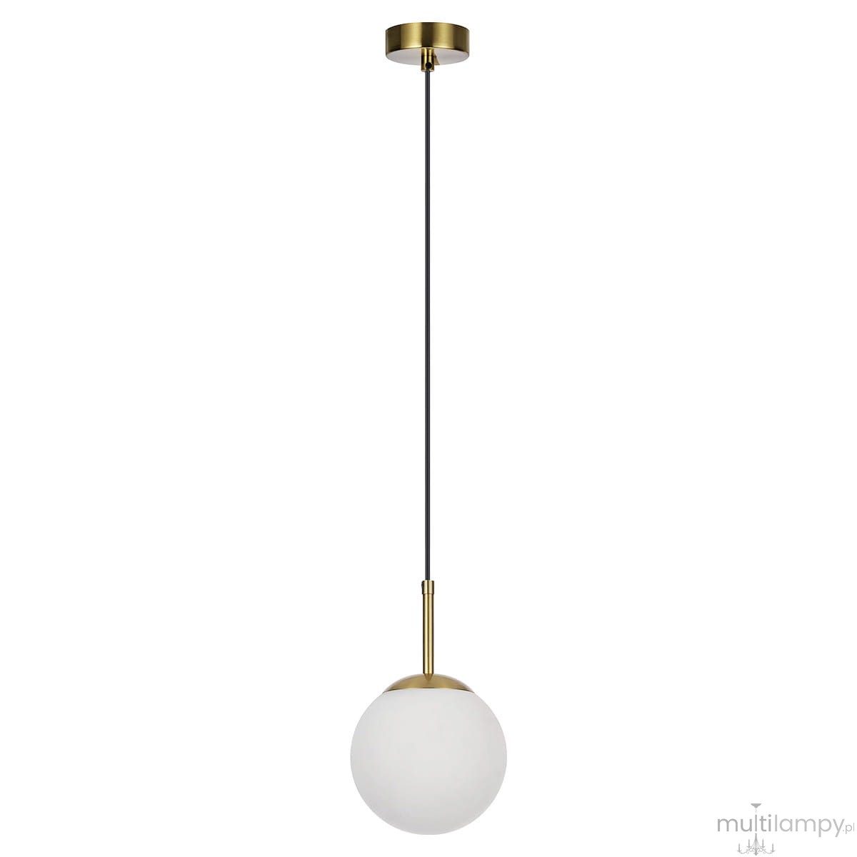 Lampa wisząca Dorado 1xE14 w kolorze złotym, z okrągłym kloszem z białego szkła. Zawieszona na cienkim czarnym kablu, z metalowym mocowaniem sufitowym. Prosty, nowoczesny design, idealna do wnętrz.