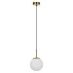 Lampa wisząca Dorado 1xE14 w kolorze złotym, z okrągłym kloszem z białego szkła. Zawieszona na cienkim czarnym kablu, z metalowym mocowaniem sufitowym. Prosty, nowoczesny design, idealna do wnętrz.