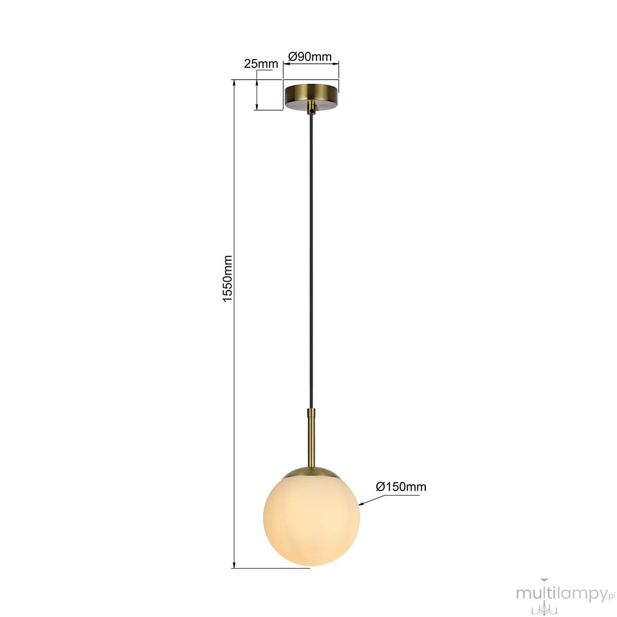 Lampa wisząca Dorado 1xE14 w kolorze złotym, z okrągłym kloszem z mlecznego szkła o średnicy 15 cm. Zawieszona na cienkim czarnym przewodzie, z metalowym mocowaniem o średnicy 9 cm. Wysokość całkowita 155 cm.