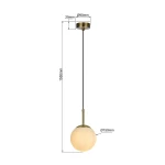 Lampa wisząca Dorado 1xE14 w kolorze złotym, z okrągłym kloszem z mlecznego szkła o średnicy 15 cm. Zawieszona na cienkim czarnym przewodzie, z metalowym mocowaniem o średnicy 9 cm. Wysokość całkowita 155 cm.