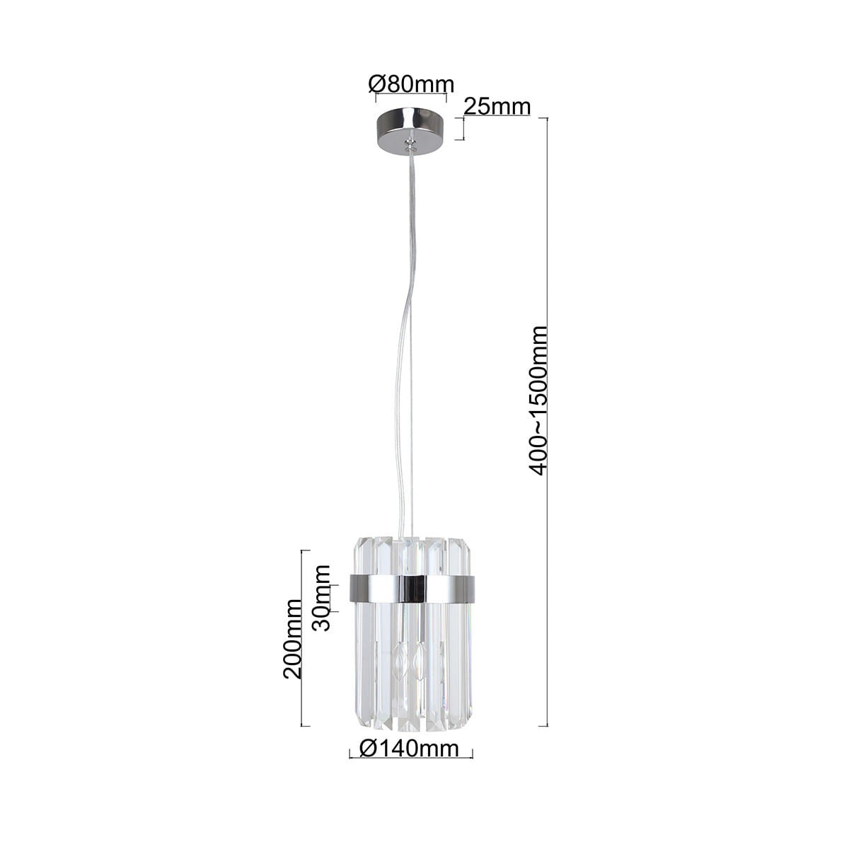 Lampa wisząca Vetro 1xE14 w chromowanej obudowie. Szklany klosz o cylindrycznym kształcie z przezroczystymi, prostokątnymi elementami. Wymiary: wysokość 200 mm, średnica 140 mm. Zawieszona na białym przewodzie, regulowana wysokość od 400 do 1500 mm.