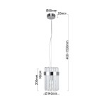 Lampa wisząca Vetro 1xE14 w chromowanej obudowie. Szklany klosz o cylindrycznym kształcie z przezroczystymi, prostokątnymi elementami. Wymiary: wysokość 200 mm, średnica 140 mm. Zawieszona na białym przewodzie, regulowana wysokość od 400 do 1500 mm.