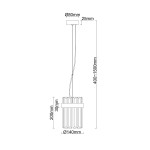 Lampa wisząca Vetro w kolorze chromu, z pojedynczym gniazdem E14. Wymiary: średnica klosza 140 mm, wysokość 200 mm, regulowana długość zawieszenia od 400 do 1500 mm. Klosz o fakturze i kształcie prostopadłościanu z ostrymi krawędziami.