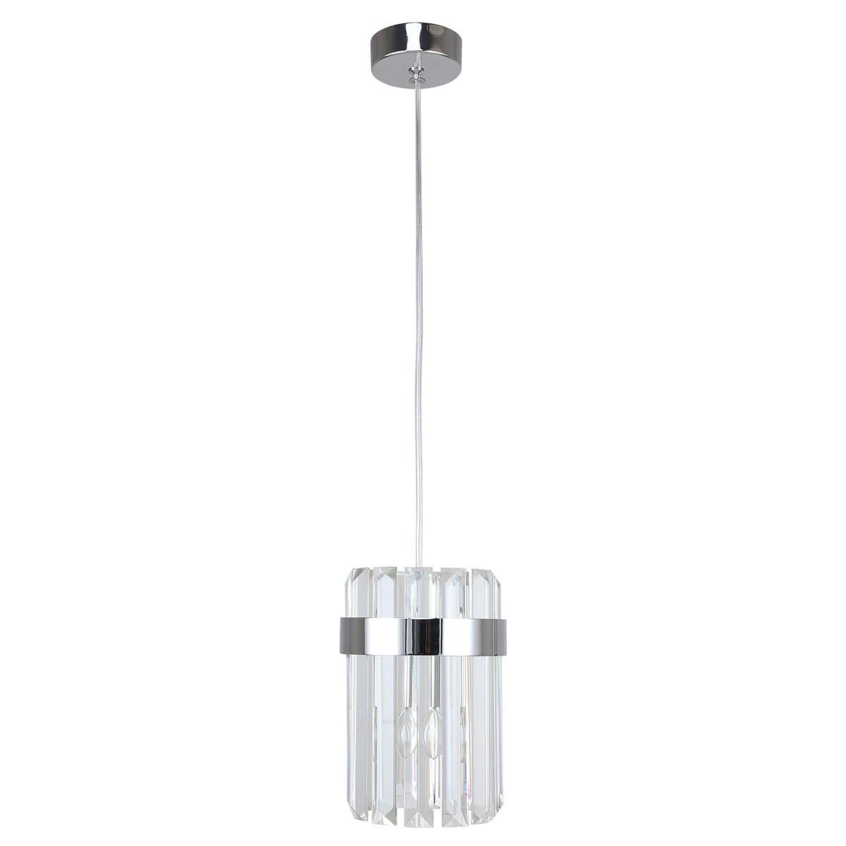 Lampa wisząca Vetro LP-2910/1P CH z jedną oprawą E14, wykonana z przezroczystego szkła z chromowanym detalem. Zawieszona na cienkim, przezroczystym przewodzie, montowana na sufitowej podstawie o chromowanej powierzchni.