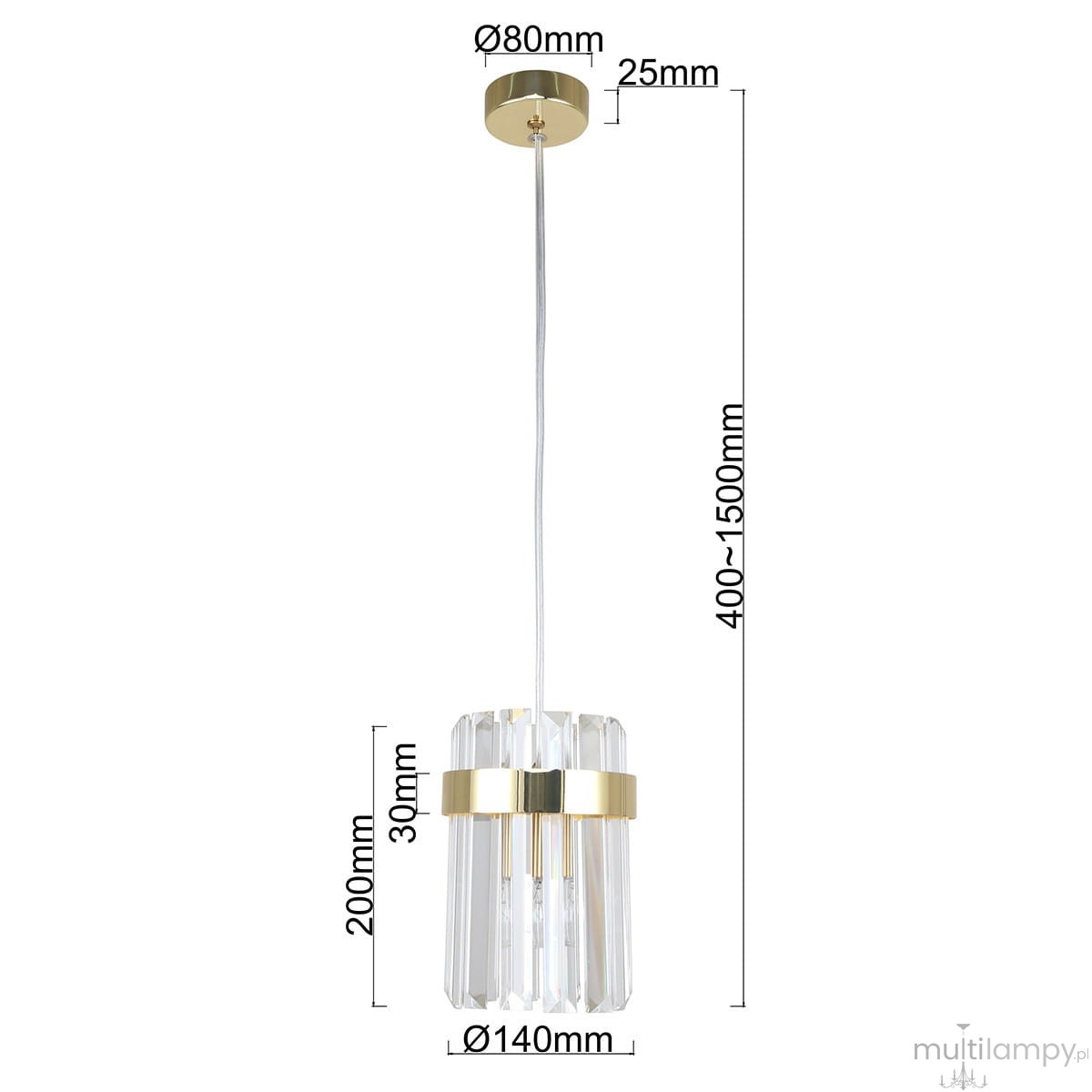 Lampa wisząca Vetro 1xE14 w złotym kolorze, z przezroczystymi szklanymi elementami. Kształt cylindryczny, z metalowym mocowaniem. Wymiary: średnica 140mm, wysokość 200mm, długość zwisu 400-1500mm. Idealna do nowoczesnych wnętrz.