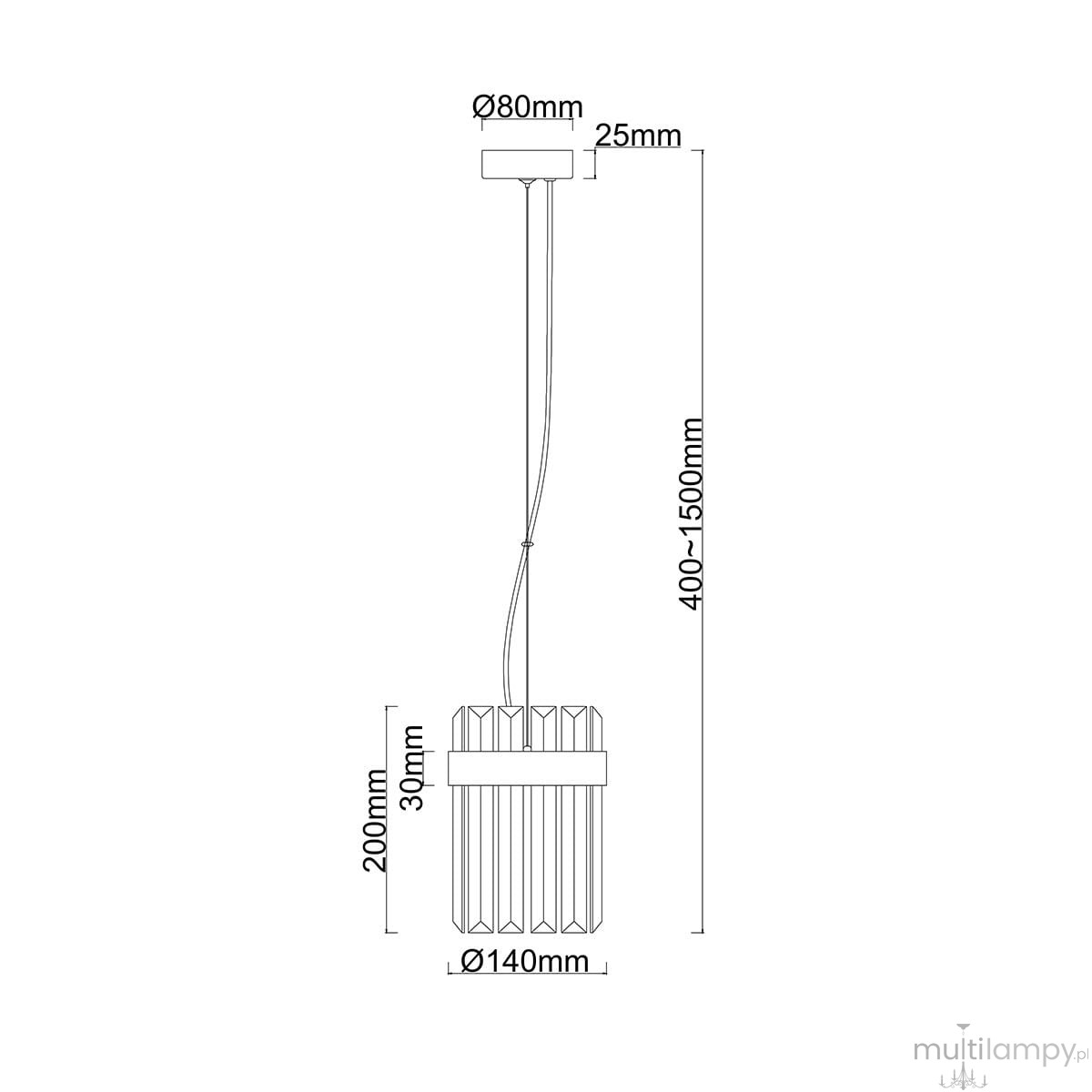 Lampa wisząca Vetro LP-2910/1P w kolorze złotym, z jednym gniazdem E14. Okrągła podsufitka o średnicy 80 mm, regulowana wysokość 400-1500 mm, klosz o średnicy 140 mm i wysokości 200 mm, z teksturowanym wzorem.