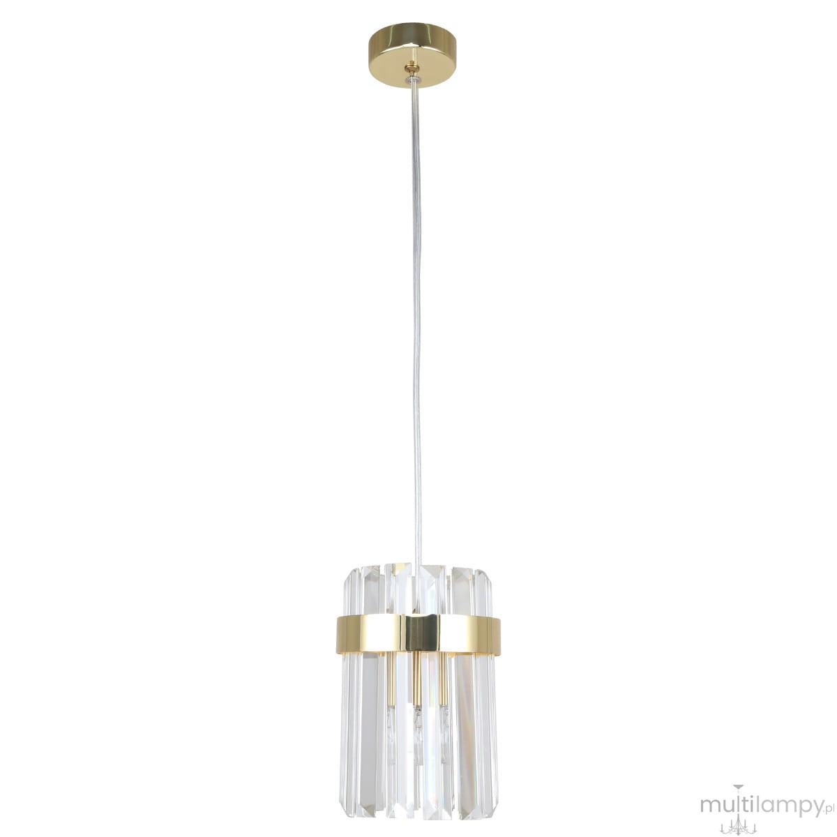 Lampa wisząca Vetro LP-2910/1P GD z jednym źródłem światła E14, złota oprawa z przezroczystym kloszem o fakturze w pionowe paski. Zawieszona na cienkim, białym przewodzie, z okrągłym, złotym mocowaniem sufitowym.