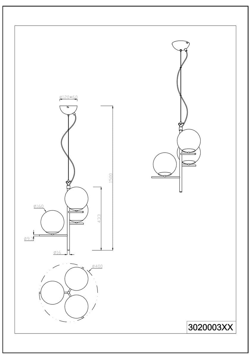 Czarna lampa wisząca Pure z trzema źródłami światła E14. Zawiera okrągłe klosze w różnych rozmiarach, zamocowane na metalowej konstrukcji. Wymiary: wysokość 1500 mm, szerokość 400 mm. Ujęcie pokazuje szczegóły konstrukcji i rozmieszczenie kloszy.