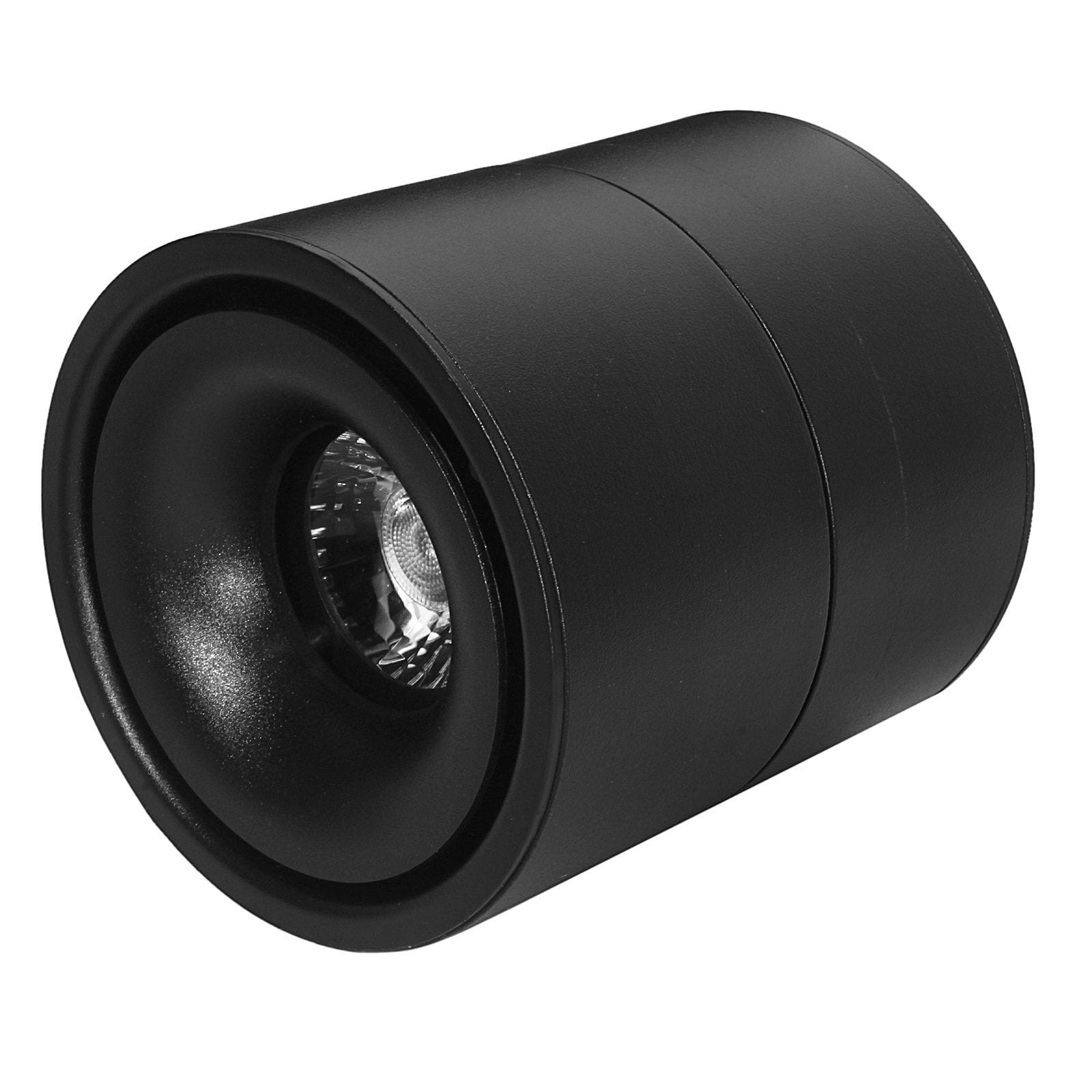 Czarna lampa sufitowa typu spot z diodą LED o mocy 12W i temperaturze barwowej 4000K. Okrągły kształt z metaliczną powierzchnią, widoczna żarówka wewnętrzna. Ujęcie z boku, ukazujące detal konstrukcji.