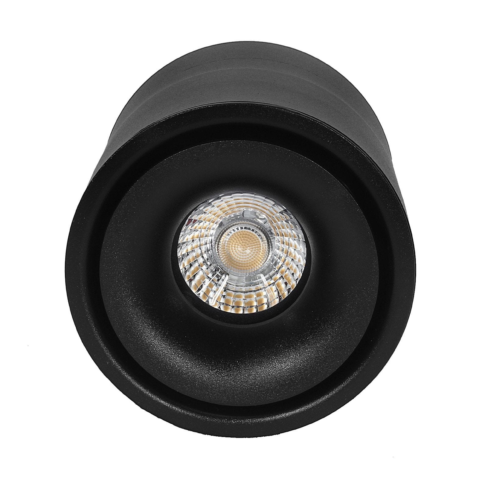 Czarna lampa sufitowa typu spot LED o mocy 12W i temperaturze barwowej 4000K. Ujęcie frontalne, produkt ma okrągły kształt z gładką, matową powierzchnią oraz przezroczystą soczewkę, ukazującą diody LED wewnątrz.