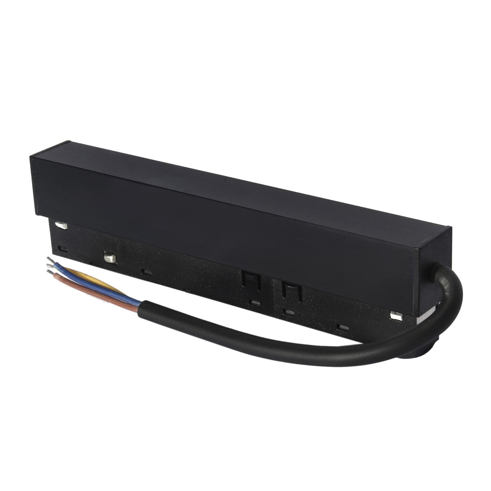 Zasilacz wpinany do szyn magnetycznych, czarny, o mocy 60W i napięciu 48DC. Prostokątna obudowa z wyjściem kablowym, z widocznymi przewodami w kolorach: niebieskim, brązowym i żółtym. Ujęcie z boku, na białym tle.