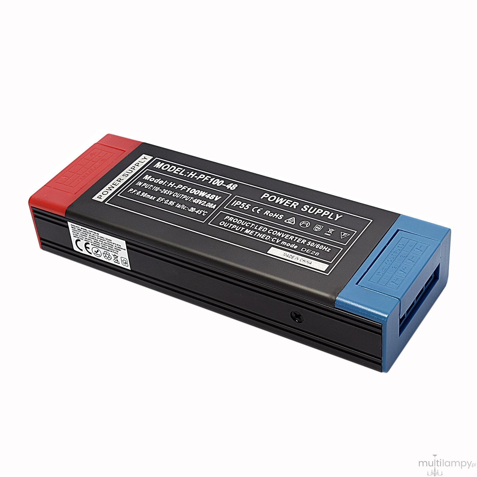 Zasilacz zewnętrzny do szyn magnetycznych 100W/48DC w czarnej obudowie z czerwonym i niebieskim zakończeniem. Widoczny napis „POWER SUPPLY” oraz szczegóły techniczne na etykiecie. Produkt leży na jednolitym tle.