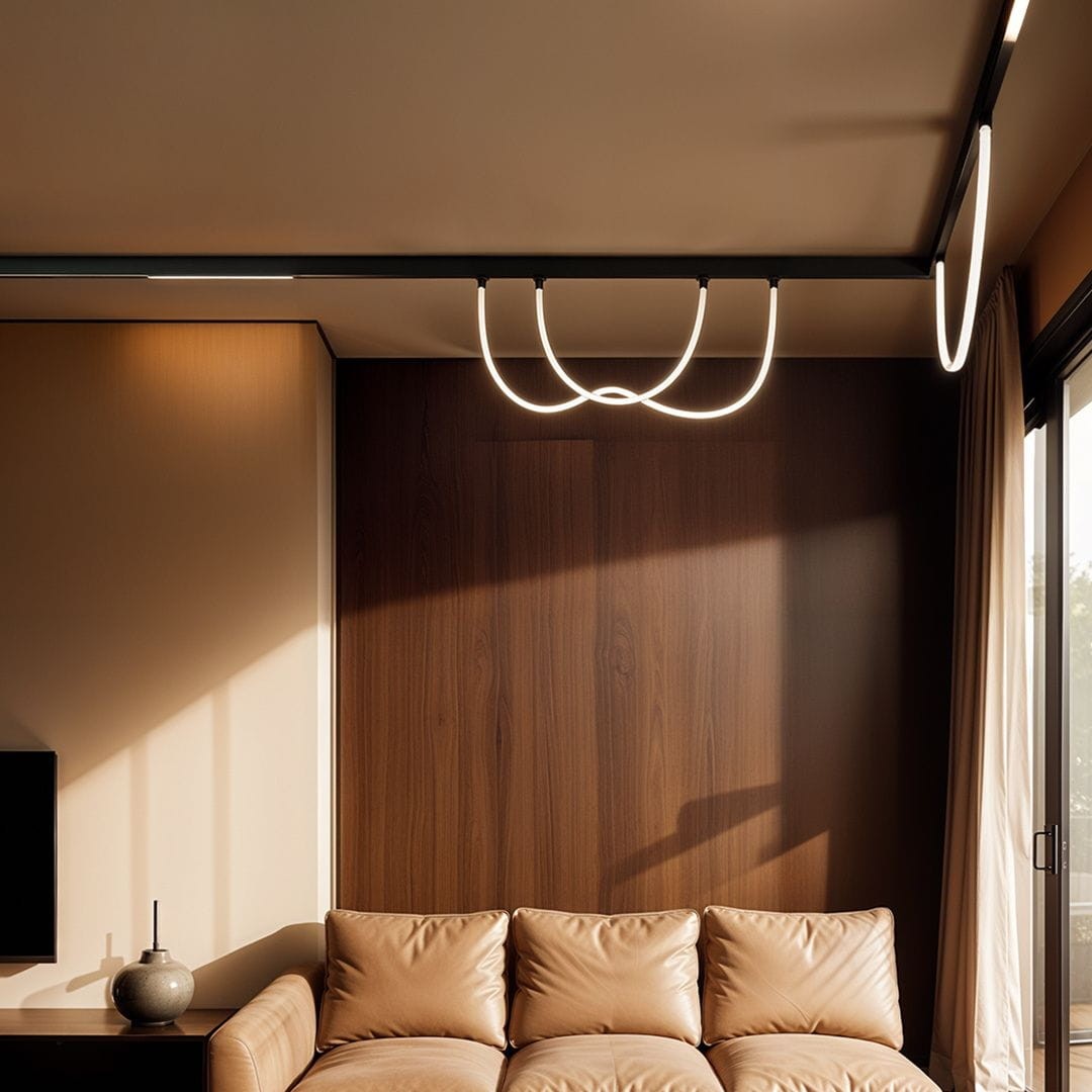 Wężyk LED 100 do szyny magnetycznej, 8W, 3000K, przedstawiony w aranżacji wnętrza. Ułożony w kształcie fal, montowany na czarnej szynie, emitujący ciepłe, białe światło. Tło w odcieniach brązu, z sofą i telewizorem w widoku.