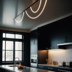 Wężyk LED 100 do szyny magnetycznej, o ciepłej barwie światła 3000K, umieszczony na suficie w kuchni. Ma smukły, zakrzywiony kształt, emitując równomierne, miękkie oświetlenie w nowoczesnym wnętrzu z czarnymi meblami.