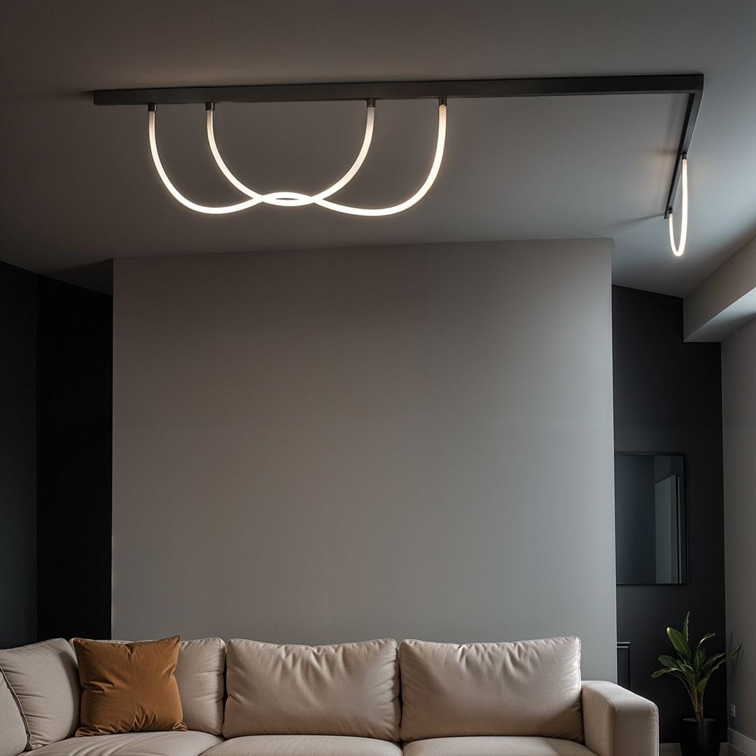 Wężyk LED 150 do szyny magnetycznej, o mocy 12W i barwie światła 3000K. Wyglądająca jak płynna linia, zamontowana na ciemnym stropie, oświetla przestrzeń nad jasną sofą w nowoczesnym wnętrzu.