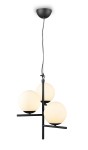 Lampa wisząca Pure 3xE14 w kolorze czarnym z trzema okrągłymi kloszami w odcieniu białym. Ujęcie frontalne, produkt zawieszony na cienkim przewodzie, z widocznym uchwytem montażowym. Klosze umieszczone na poziomych ramionach.
