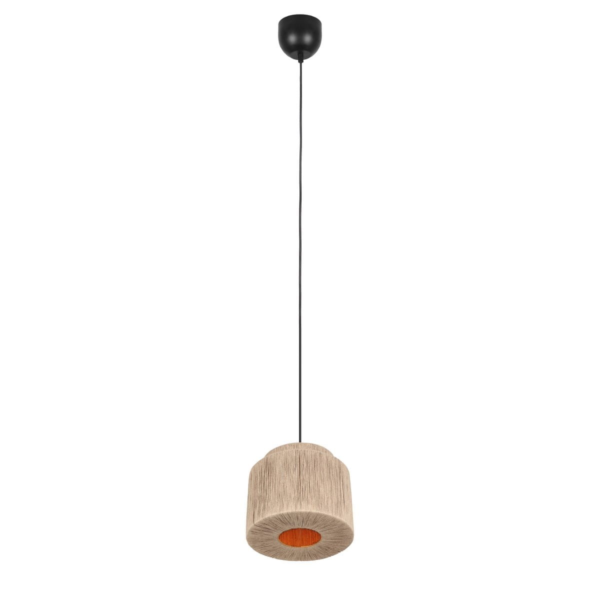 Lampa wisząca Smilla z oprawą w kolorze czarnym i naturalnym. Okrągły klosz z teksturowanego materiału w jasnym odcieniu, z pomarańczowym wnętrzem. Zawieszona na cienkim przewodzie, z umocowaniem sufitowym w kolorze czarnym.