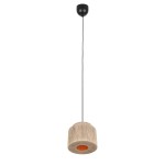 Lampa wisząca Smilla z oprawą w kolorze czarnym i naturalnym. Okrągły klosz z teksturowanego materiału w jasnym odcieniu, z pomarańczowym wnętrzem. Zawieszona na cienkim przewodzie, z umocowaniem sufitowym w kolorze czarnym.