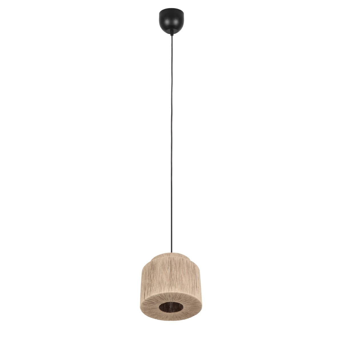 Lampa wisząca Smilla, jedno źródło światła E27, w kolorze czarnym z naturalnym kloszem w odcieniu jasnego drewna. Klosz o cylindrycznym kształcie z widoczną fakturą, zawieszony na cienkim, czarnym przewodzie.