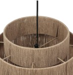 Lampa wisząca Smilla z jednym gniazdem E27, w kolorze czarnym i naturalnym. Okrągła konstrukcja z plecionki w odcieniu beżowym, z widocznym metalowym mocowaniem. Zbliżenie na detale i teksturę materiału.
