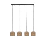 Lampa wisząca Smilla z czarnym stelażem i czterema kloszami w naturalnym kolorze, wykonanymi z teksturowanego materiału. Produkt zawieszony na cienkich linkach, z widocznymi źródłami światła E27. Ujęcie frontalne, na jednolitym tle.