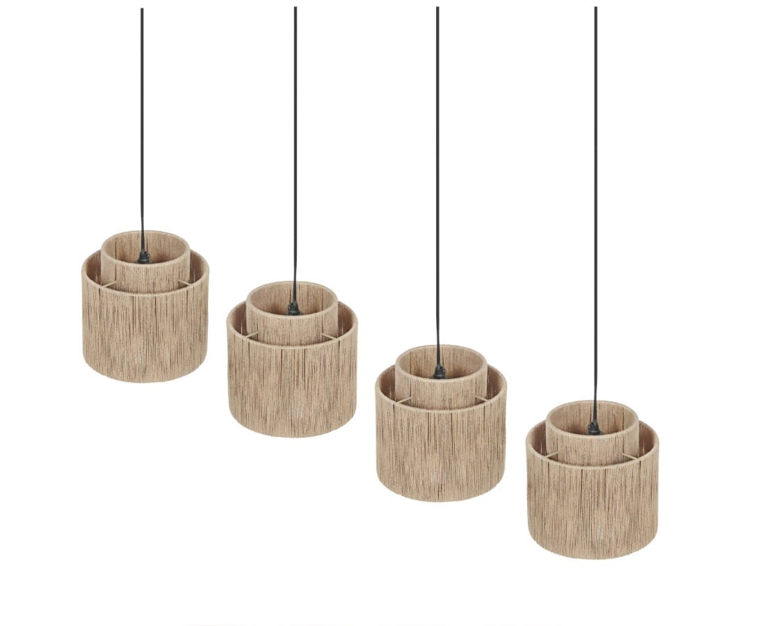 Lampa wisząca Smilla z 4 gniazdami E27 w kolorze czarnym i naturalnym. Składa się z czterech cylindrycznych kloszy w odcieniach drewna, zawieszonych na cienkich czarnych kablach. Produkt ma nowoczesny design, idealny do aranżacji wnętrz.