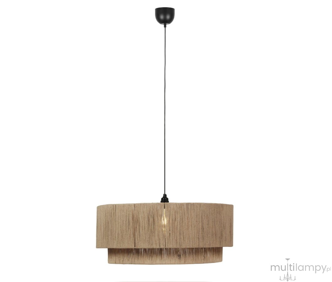 Lampa wisząca Smilla z jedną oprawą E27. Abajur w kolorze naturalnym z frędzlami, o okrągłym kształcie, zawieszony na czarnym przewodzie. Widoczna żarówka wewnątrz. Ujęcie frontalne, na jednolitym tle.