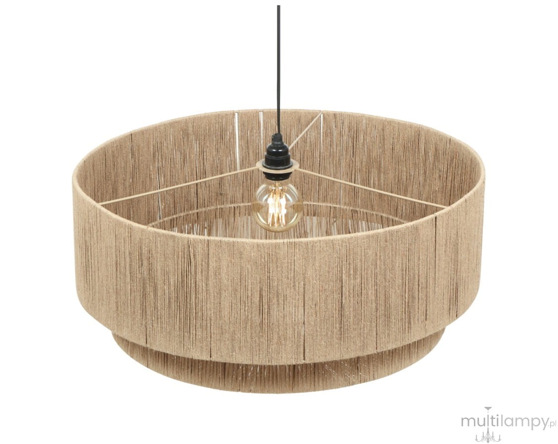 Lampa wisząca Smilla z oprawą w kolorze czarnym i naturalnym, okrągła, z efektem frędzli, zawieszona na czarnym kablu. Wewnątrz umieszczona żarówka E27, widoczna przez dekoracyjną osłonę. Idealna do nowoczesnych wnętrz.