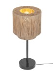 Lampa stołowa Smilla z czarną podstawą i kloszem w naturalnym kolorze, z widocznymi delikatnymi włóknami. Ujęcie frontalne, lampa stoi na płaskiej powierzchni, z włączonym światłem w środku klosza.