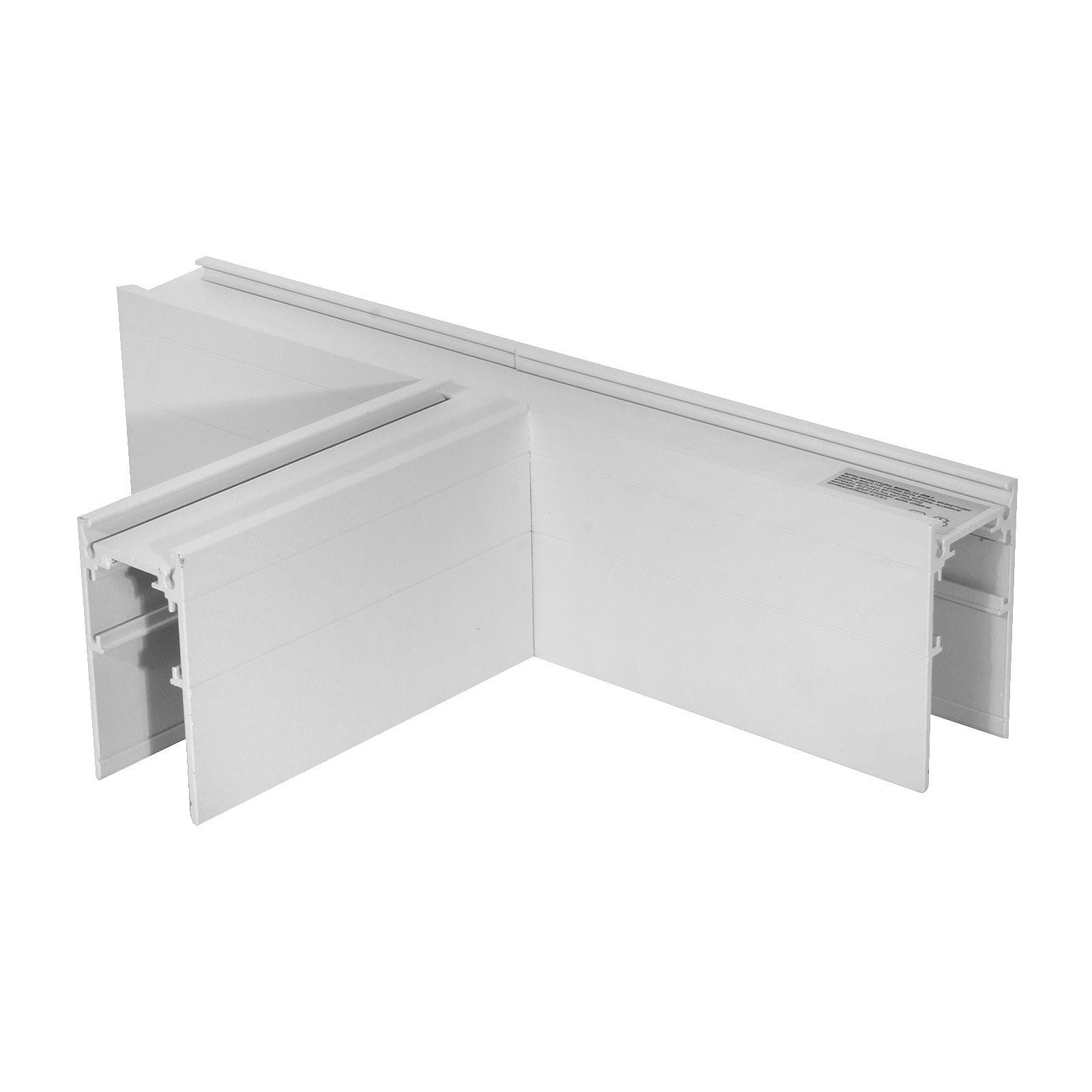 Łącznik potrójny T do szyn magnetycznych natynkowych w kolorze białym. Ułożony w pozycji poziomej, z widocznymi trzema ramionami oraz gładką, matową powierzchnią. Element przeznaczony do łączenia szyn w systemie oświetleniowym.