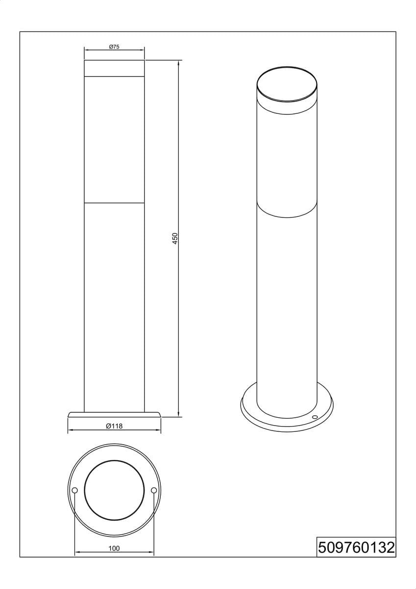 Lampa stojąca ogrodowa Trioto H45 w kolorze czarnym, o cylindrycznym kształcie. Wysokość 450 mm, średnica podstawy 118 mm. Przeznaczona na żarówkę E27. Widok frontalny, ukazujący szczegóły konstrukcji oraz wymiary.