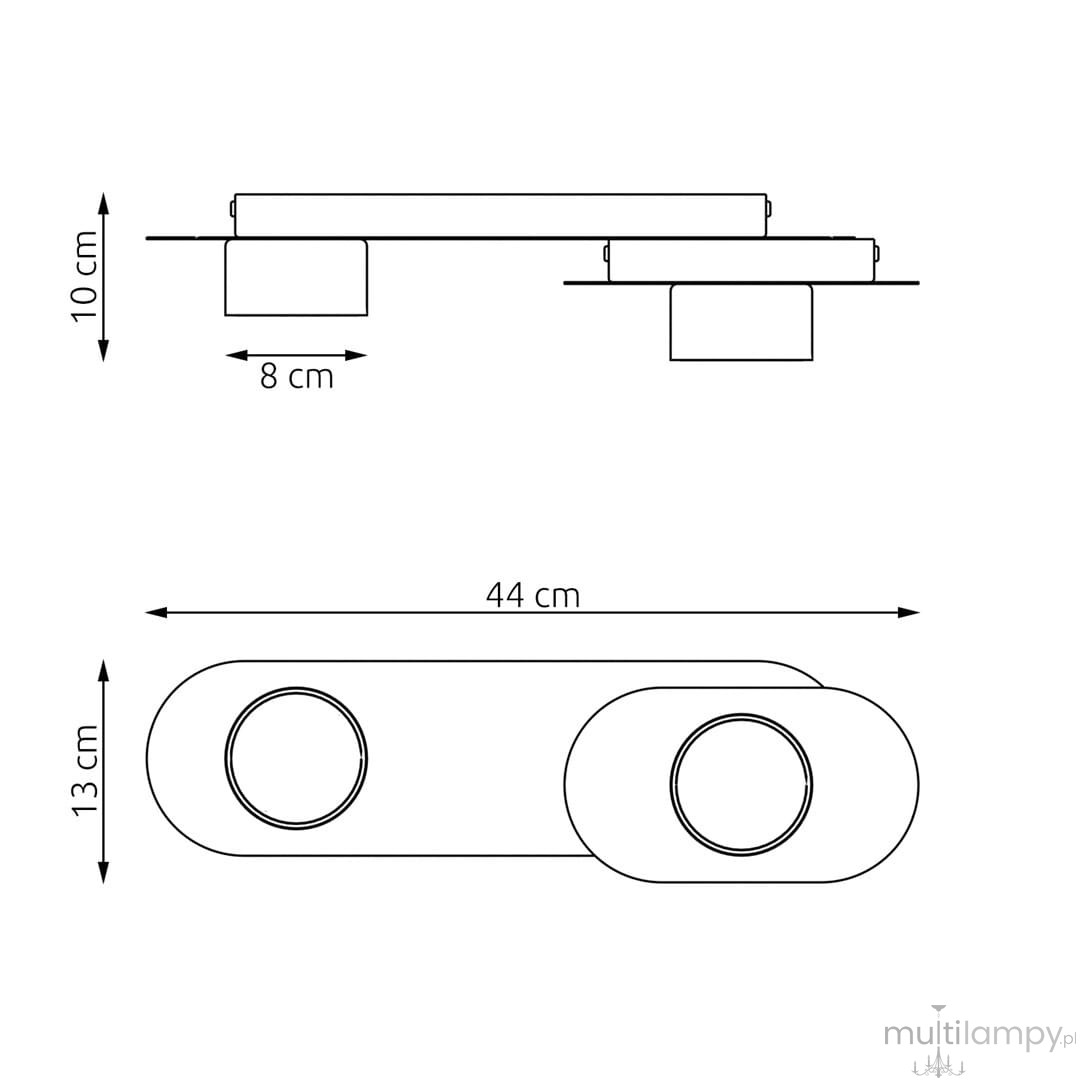 Lampa sufitowa Stilo 2xGX53 w kolorze czarnym, o wymiarach 44 cm długości, 13 cm szerokości i 10 cm wysokości. Posiada dwa okrągłe źródła światła, zamontowane na prostokątnej podstawie.